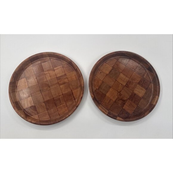 Vintage Parquet Weave Wood Round Serving Platter Large 13” Woven Mid Century MCM - Picture 11 of 11